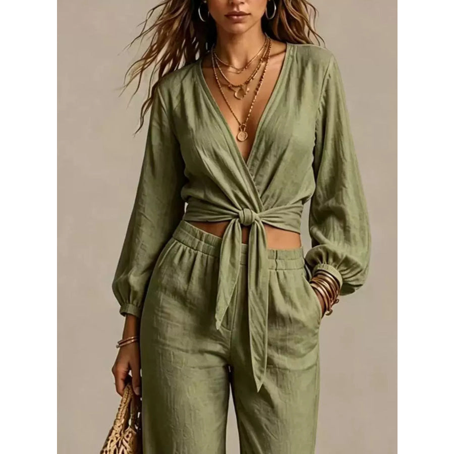 Tie-Front Crop Top and Wide-Leg Pant Set Apparel and Accessories