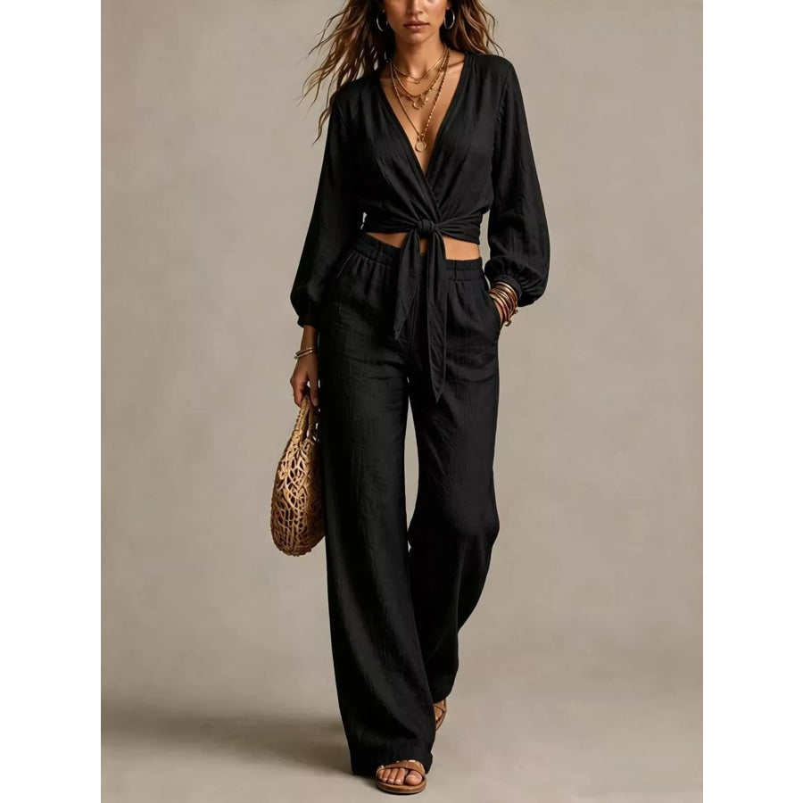 Tie-Front Crop Top and Wide-Leg Pant Set Black / S Apparel and Accessories
