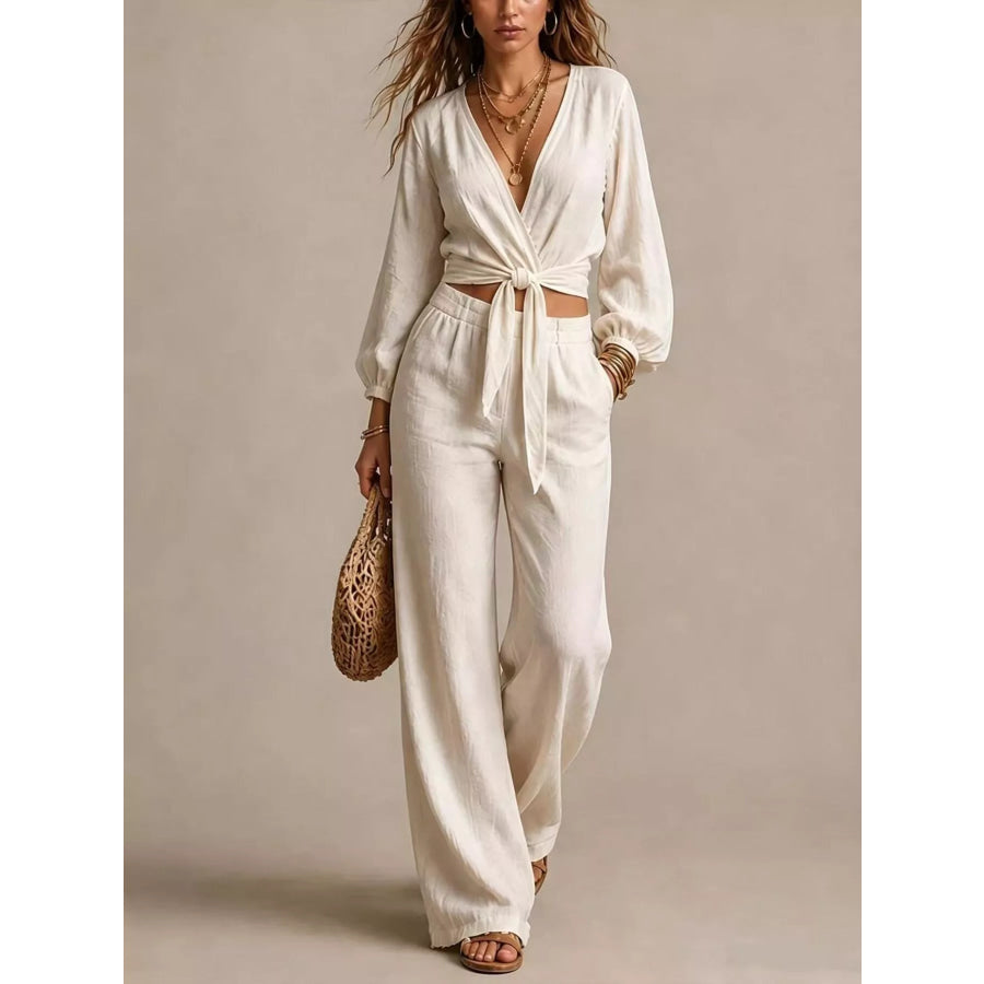 Tie-Front Crop Top and Wide-Leg Pant Set Cream / S Apparel and Accessories