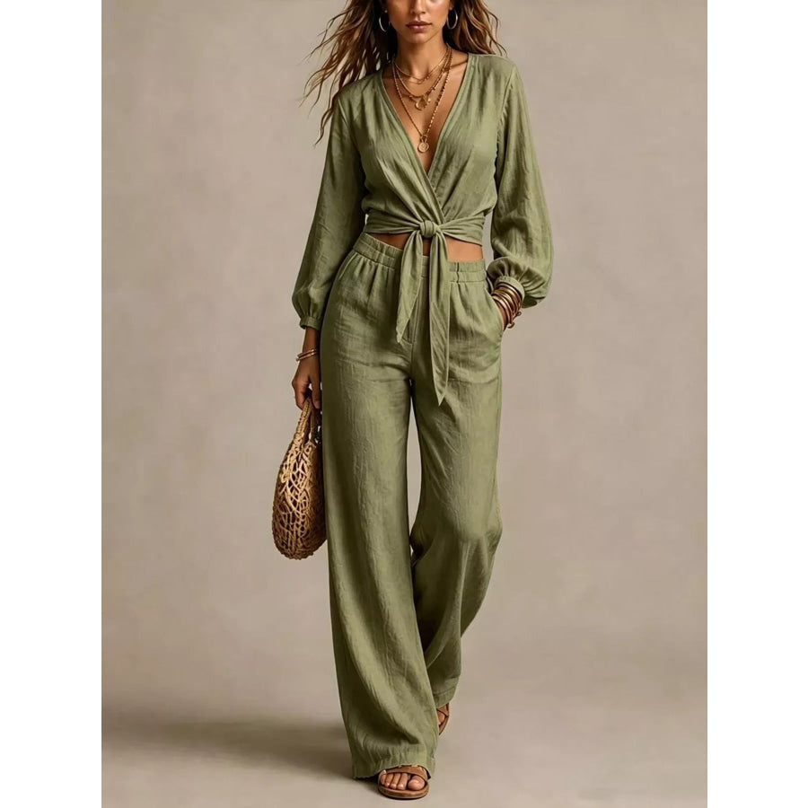 Tie-Front Crop Top and Wide-Leg Pant Set Green / S Apparel and Accessories