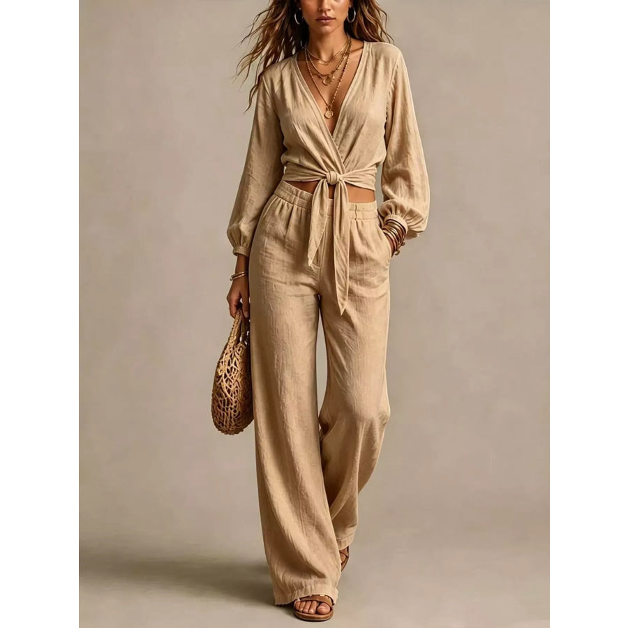 Tie-Front Crop Top and Wide-Leg Pant Set Khaki / S Apparel and Accessories