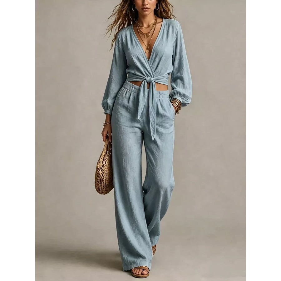 Tie-Front Crop Top and Wide-Leg Pant Set Light Blue / S Apparel and Accessories