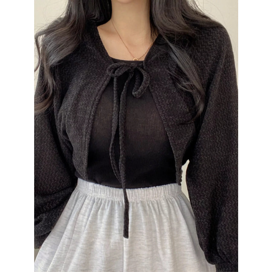Tie-Front Cropped Cardigan Black / M Apparel and Accessories