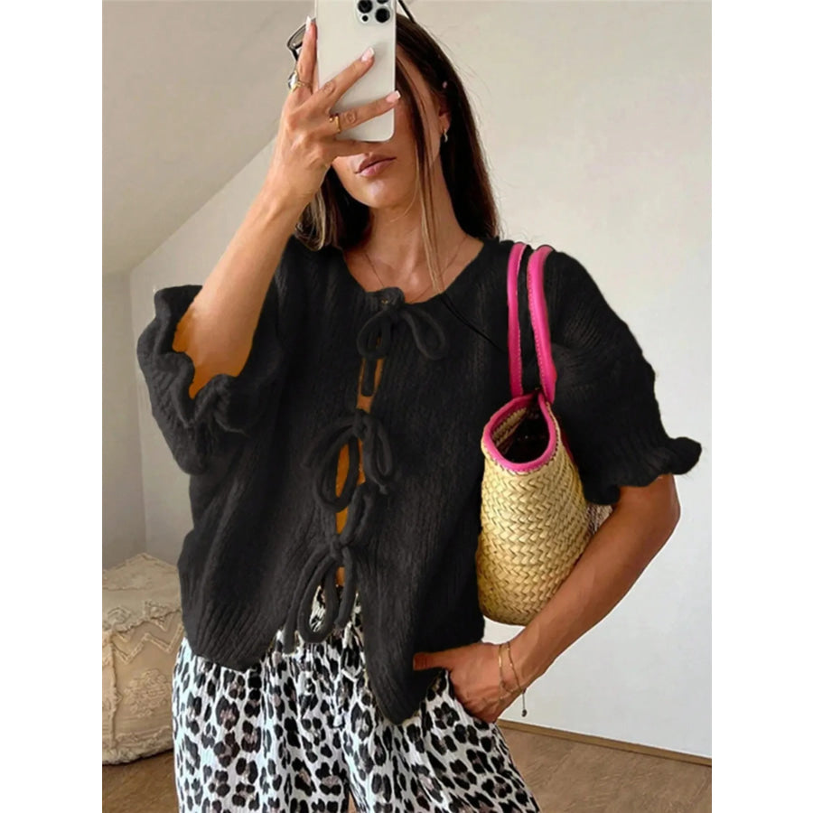 Tie-Front Cropped Cardigan Black / S Apparel and Accessories