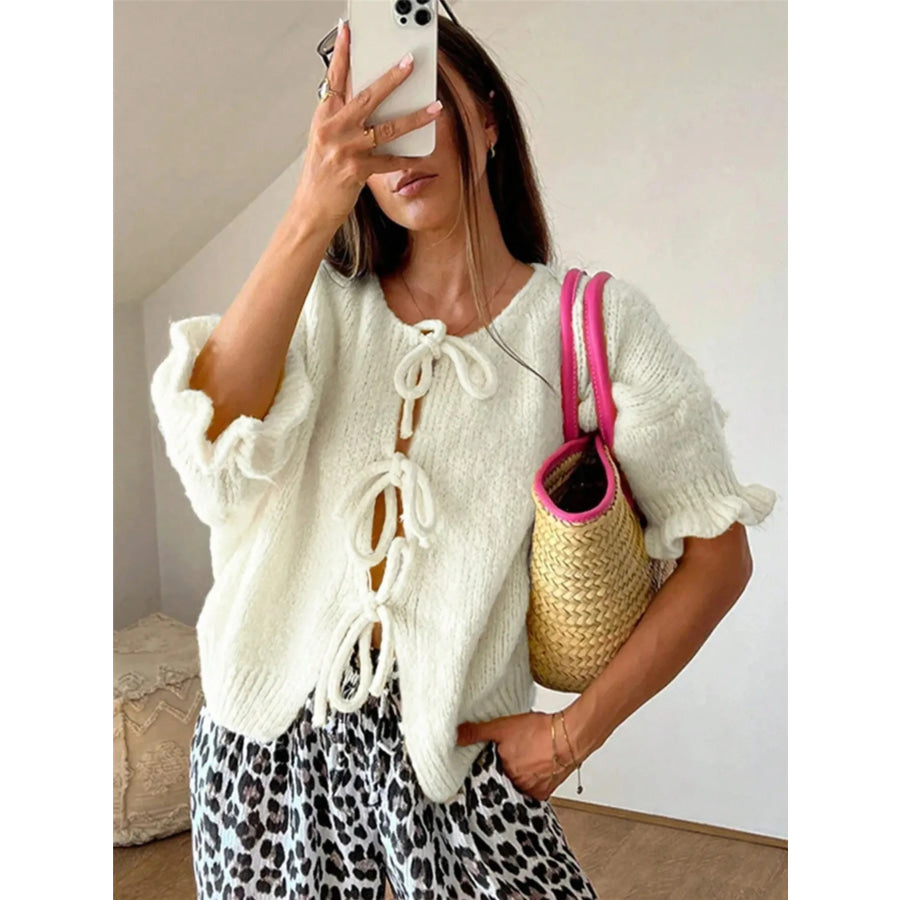 Tie-Front Cropped Cardigan White / S Apparel and Accessories