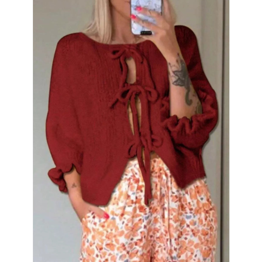 Tie-Front Cropped Cardigan Wine Red / S Apparel and Accessories