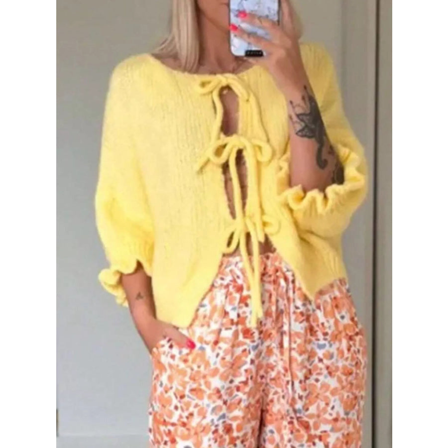 Tie-Front Cropped Cardigan Yellow / S Apparel and Accessories