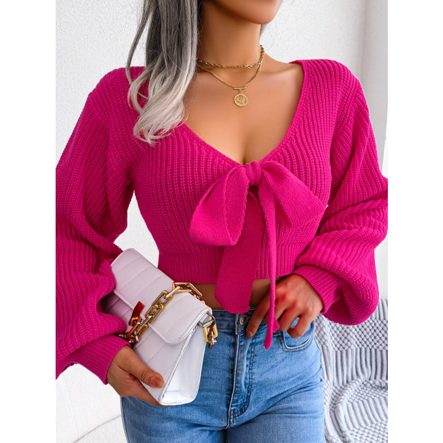Tie-Front Cropped Sweater Hot Pink / S Apparel and Accessories