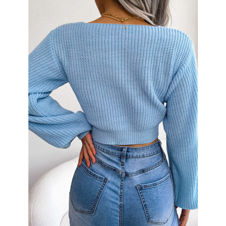 Tie-Front Cropped Sweater Light Blue / S Apparel and Accessories