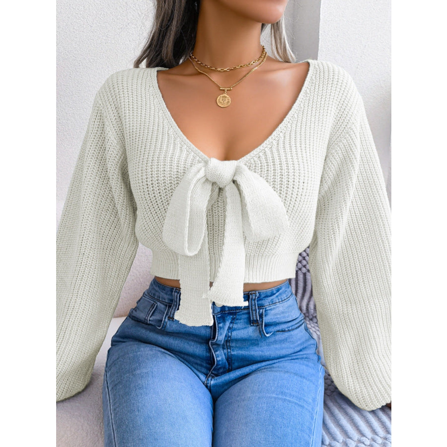 Tie-Front Cropped Sweater White / S Apparel and Accessories