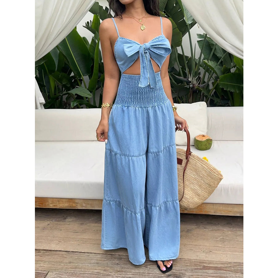 Tie-Front Cutout Smocked Wide Leg Denim Jumpsuit Apparel and Accessories