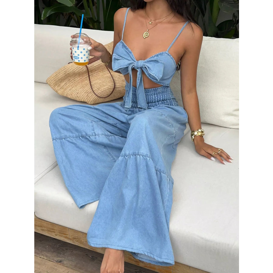 Tie-Front Cutout Smocked Wide Leg Denim Jumpsuit Apparel and Accessories