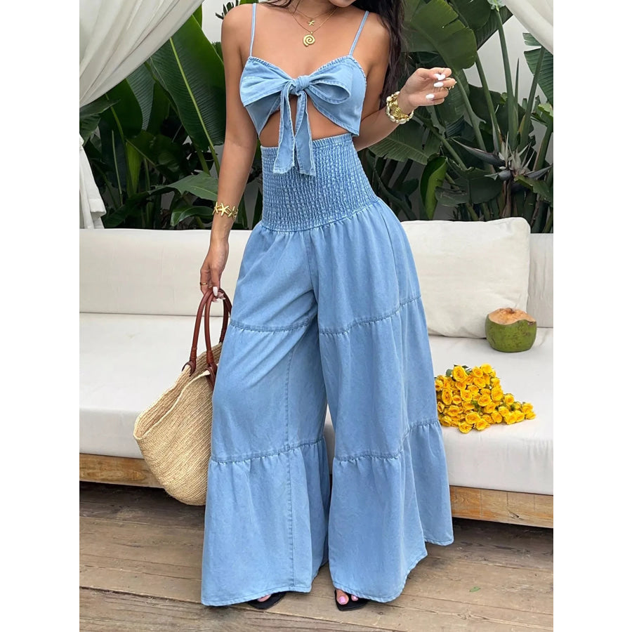 Tie-Front Cutout Smocked Wide Leg Denim Jumpsuit Apparel and Accessories