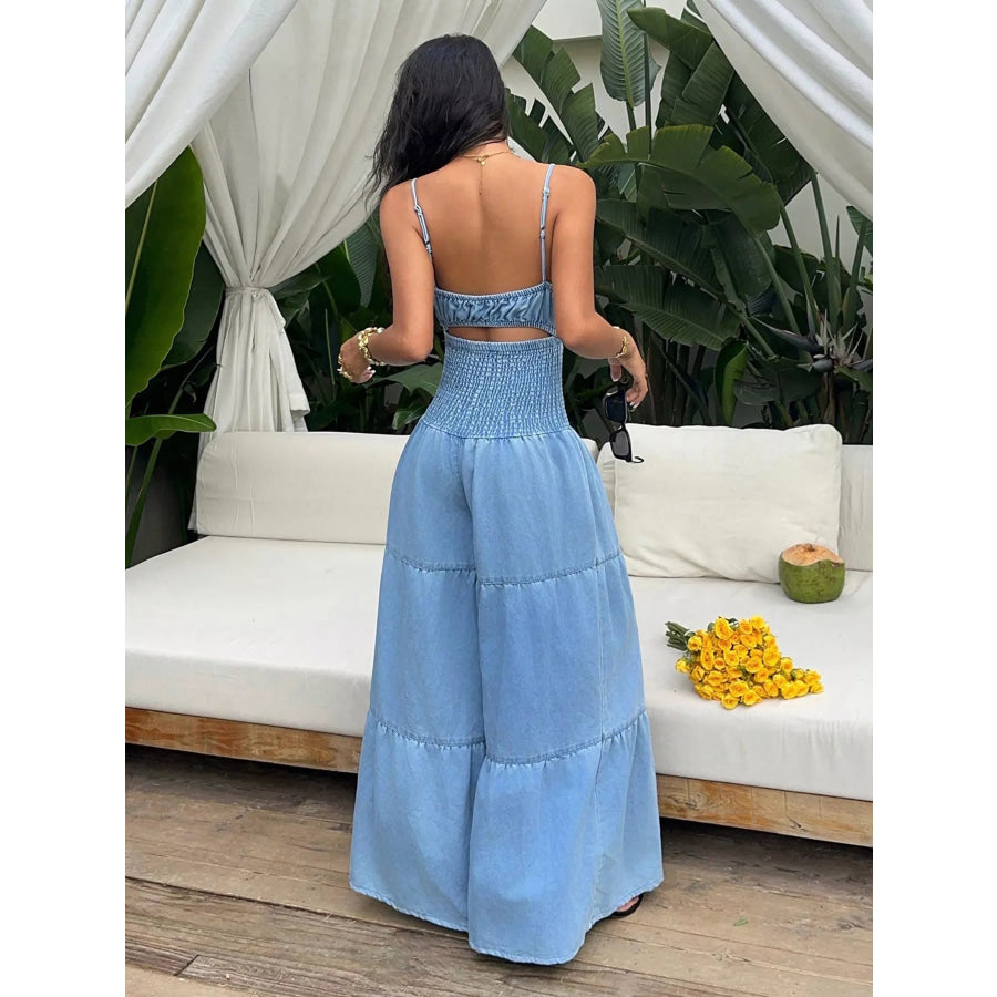 Tie-Front Cutout Smocked Wide Leg Denim Jumpsuit Apparel and Accessories