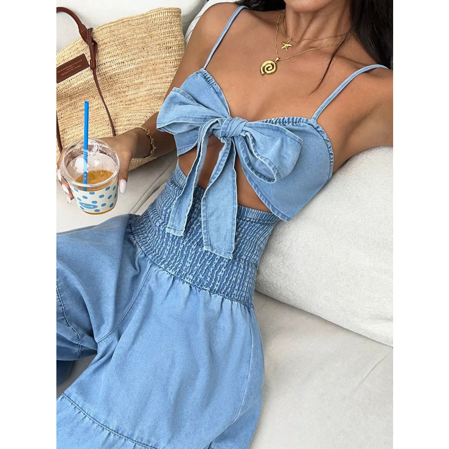 Tie-Front Cutout Smocked Wide Leg Denim Jumpsuit Blue / XS Apparel and Accessories