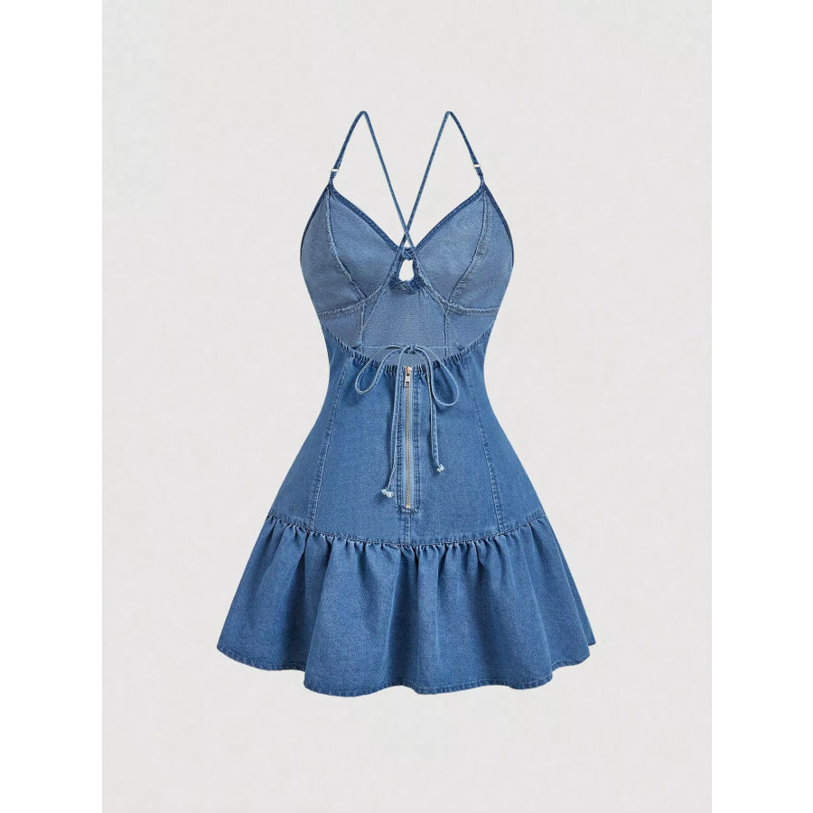 Tie-Front Denim Dress with Ruffled Hem Blue / XS Apparel and Accessories
