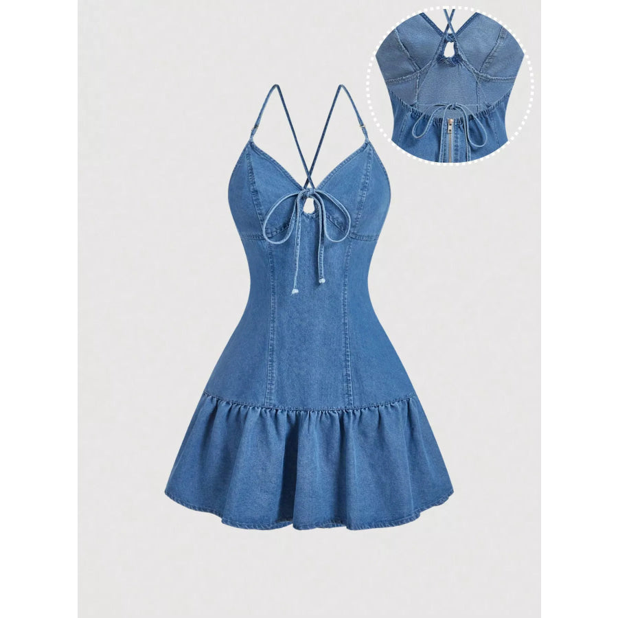 Tie-Front Denim Dress with Ruffled Hem Blue / XS Apparel and Accessories