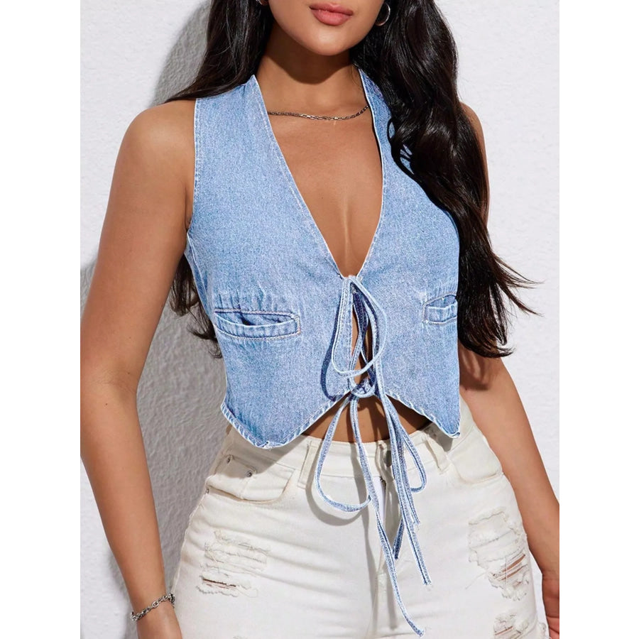 Tie-Front Denim Vest Sky Blue / S Apparel and Accessories