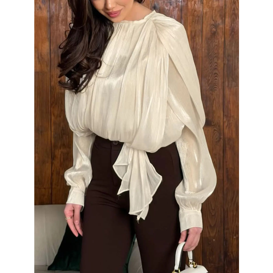 Tie-Front Detail Long Sleeve Blosue Tan / S Apparel and Accessories