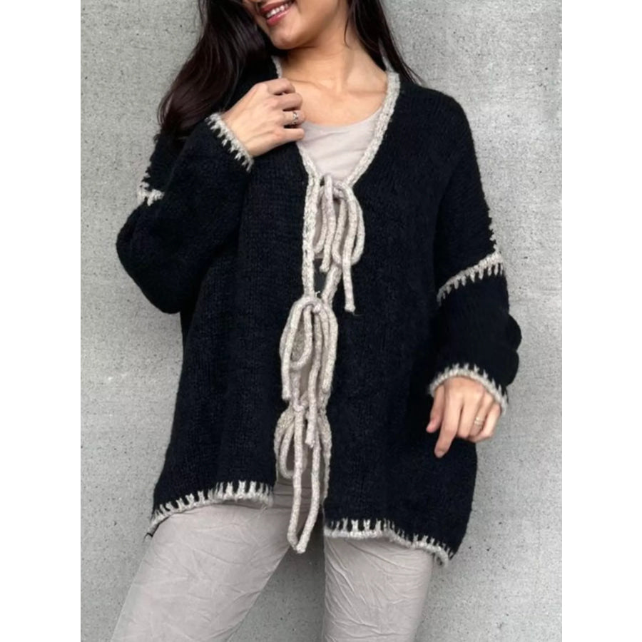 Tie Front Drop Shoulder Cardigan Apparel and Accessories