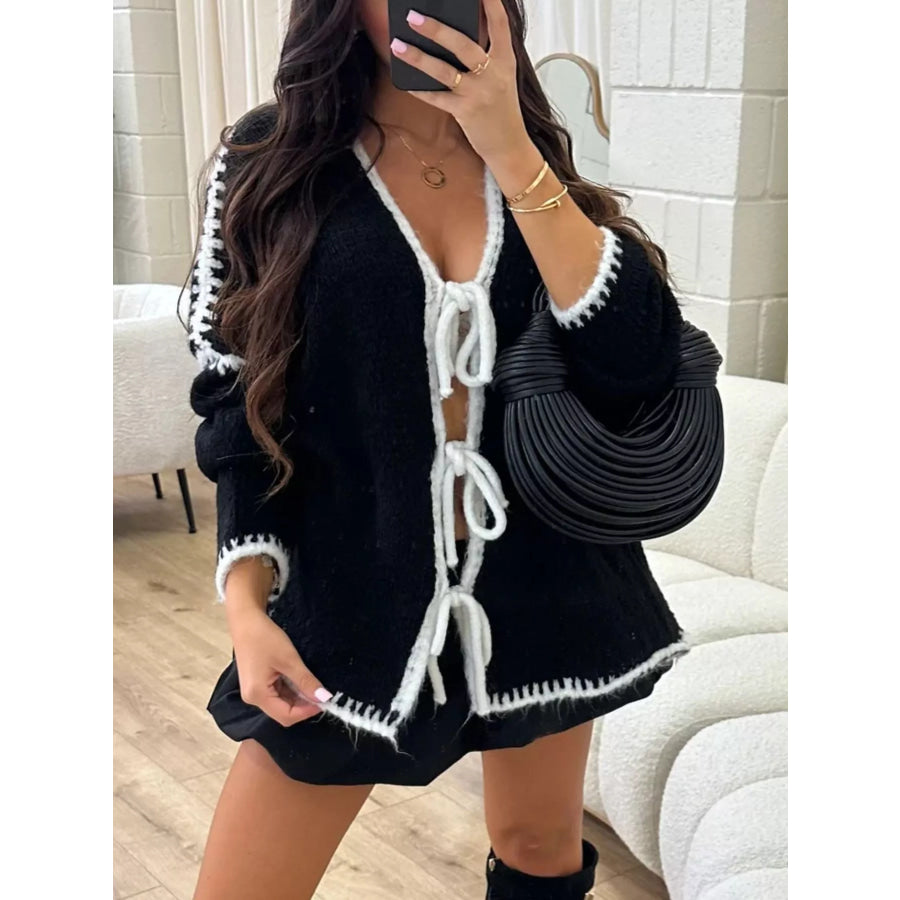 Tie Front Drop Shoulder Cardigan Apparel and Accessories