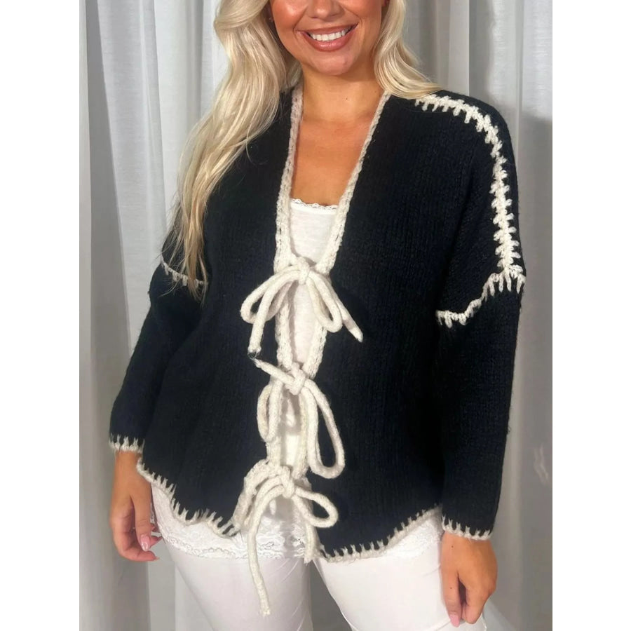 Tie Front Drop Shoulder Cardigan Black / S Apparel and Accessories