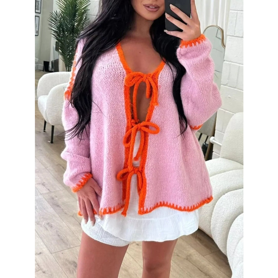 Tie Front Drop Shoulder Cardigan Fuchsia Pink / S Apparel and Accessories