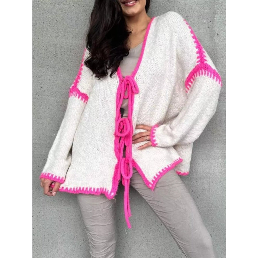 Tie Front Drop Shoulder Cardigan Hot Pink / S Apparel and Accessories