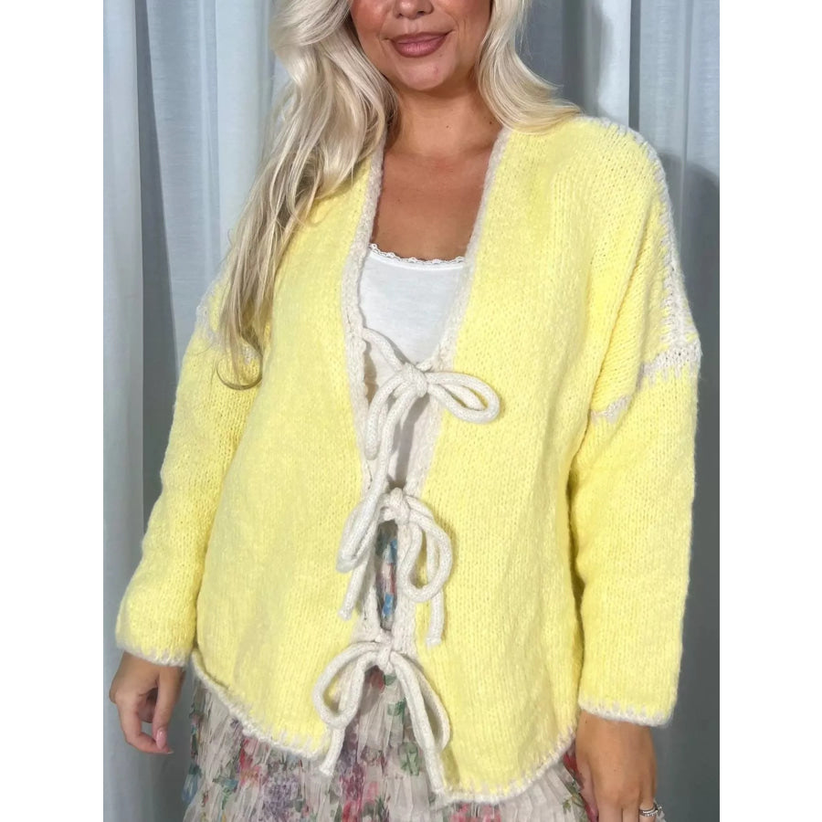 Tie Front Drop Shoulder Cardigan Light Yellow / S Apparel and Accessories