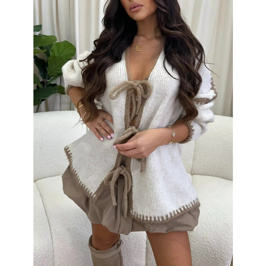 Tie Front Drop Shoulder Cardigan White / S Apparel and Accessories