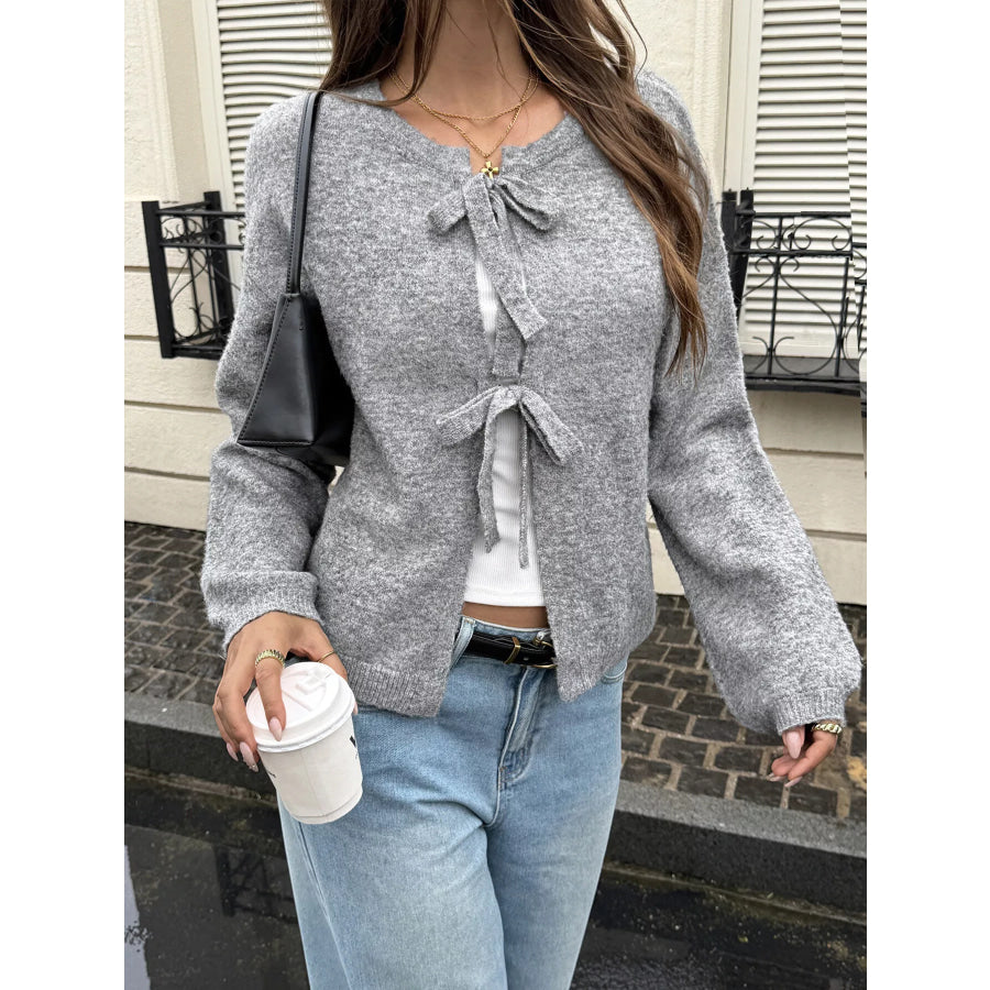 Tie Front Dropped Shoulder Cardigan Gray / S Apparel and Accessories