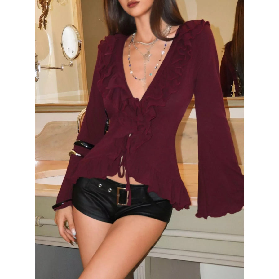 Tie-Front Flare Sleeve Blouse Medium Purplish-red / S Apparel and Accessories
