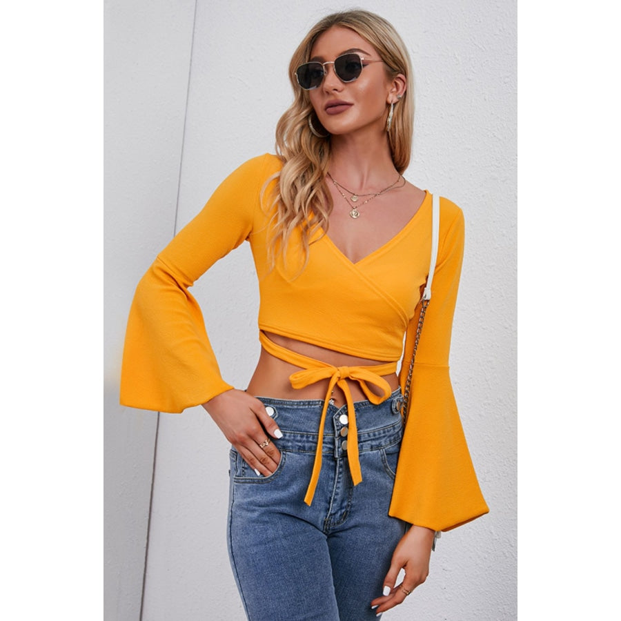 Tie Front Flare Sleeve Cropped Top Pumpkin / S