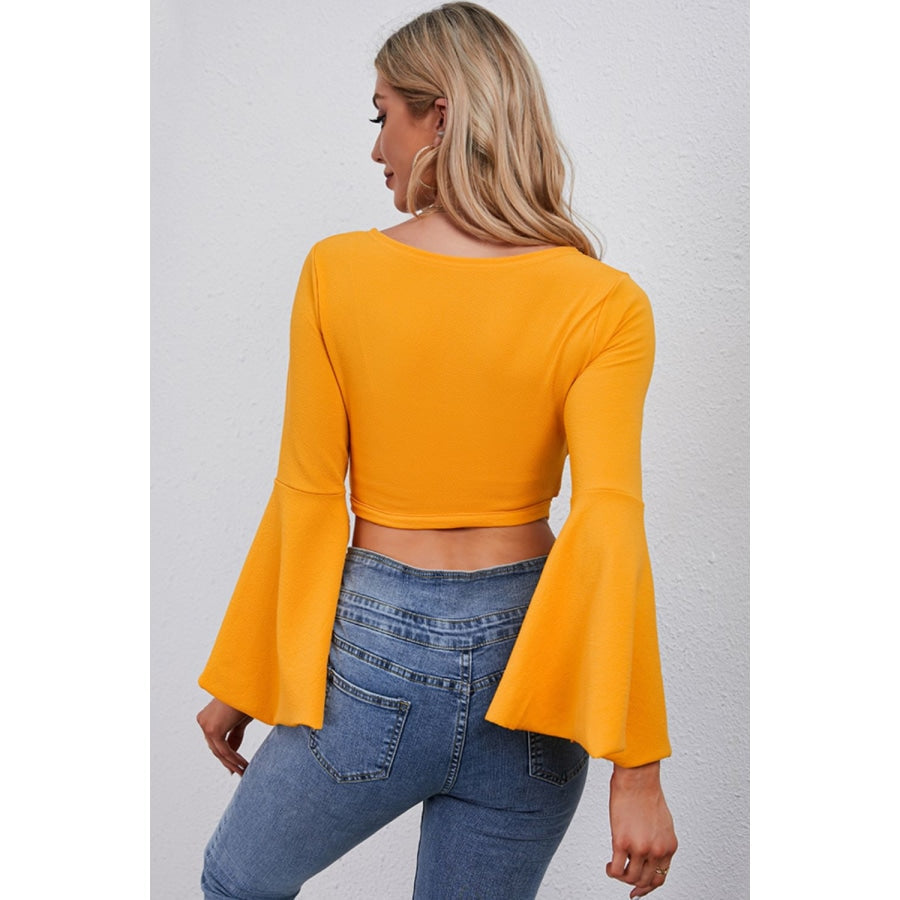 Tie Front Flare Sleeve Cropped Top Pumpkin / S