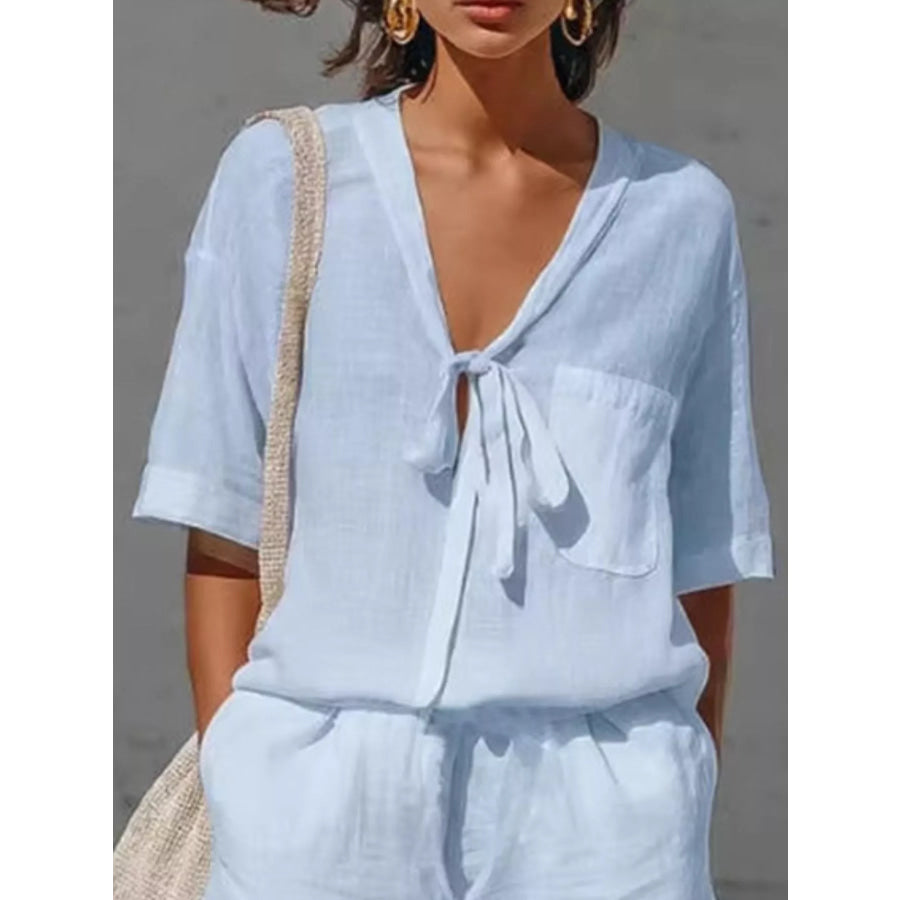 Tie-Front Half Sleeve Shirt and Shorts Set Apparel and Accessories