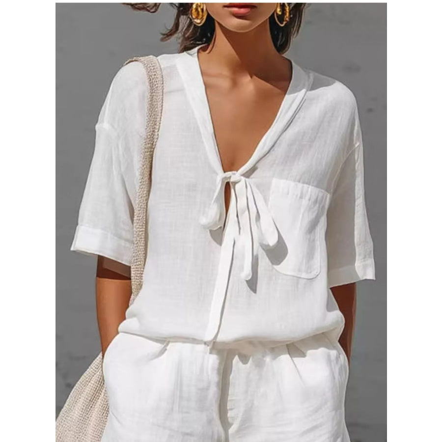 Tie-Front Half Sleeve Shirt and Shorts Set Apparel and Accessories