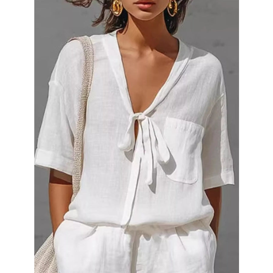 Tie-Front Half Sleeve Shirt and Shorts Set Apparel and Accessories