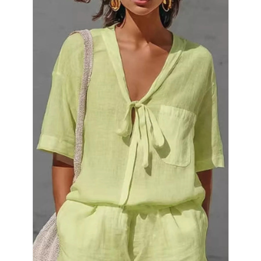 Tie-Front Half Sleeve Shirt and Shorts Set Apparel and Accessories