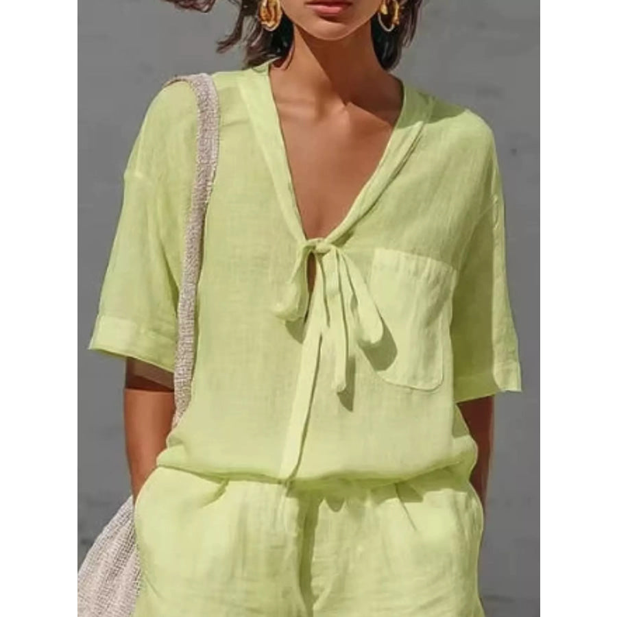Tie-Front Half Sleeve Shirt and Shorts Set Apparel and Accessories