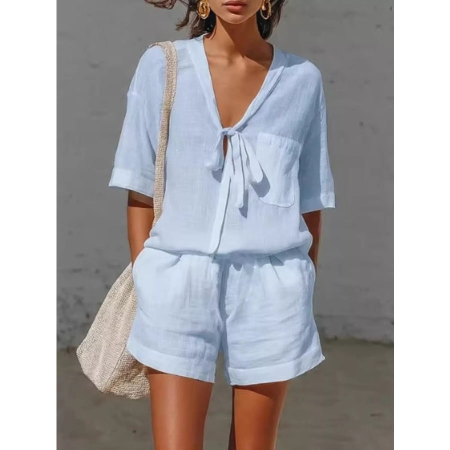 Tie-Front Half Sleeve Shirt and Shorts Set Blue / S Apparel and Accessories