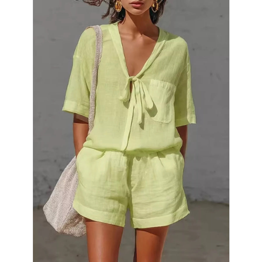 Tie-Front Half Sleeve Shirt and Shorts Set Green / S Apparel and Accessories