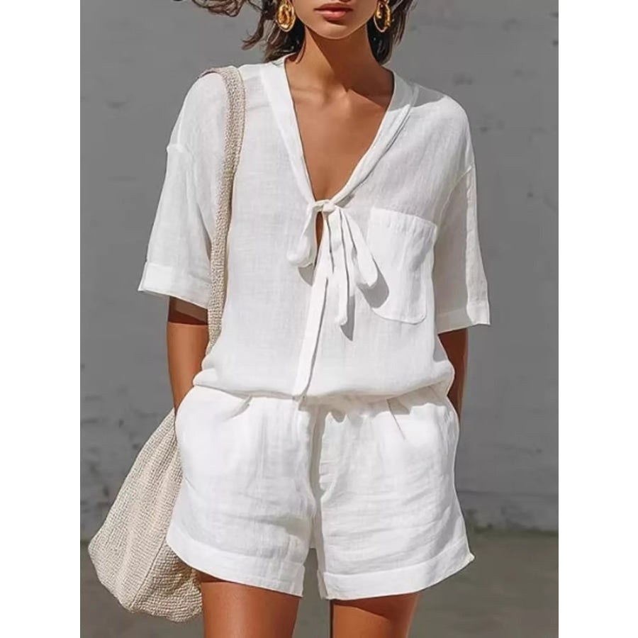 Tie-Front Half Sleeve Shirt and Shorts Set White / S Apparel and Accessories