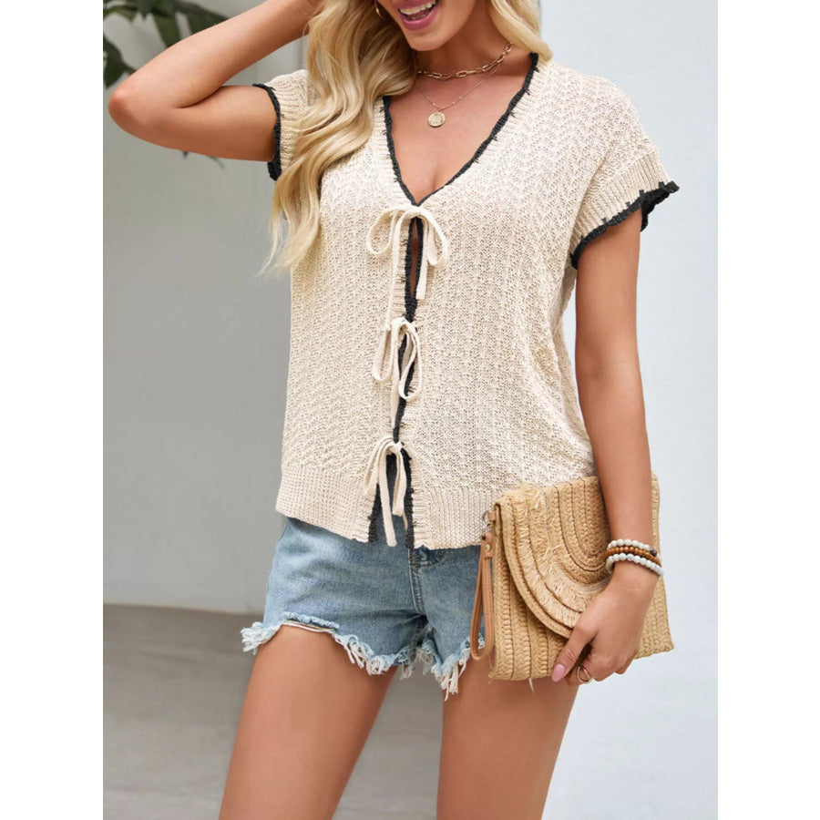 Tie-Front Knit Cardigan Apricot / S Apparel and Accessories