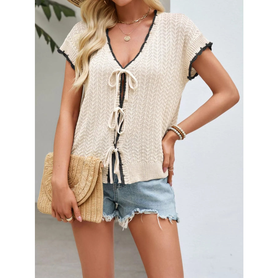 Tie-Front Knit Cardigan Apricot / S Apparel and Accessories