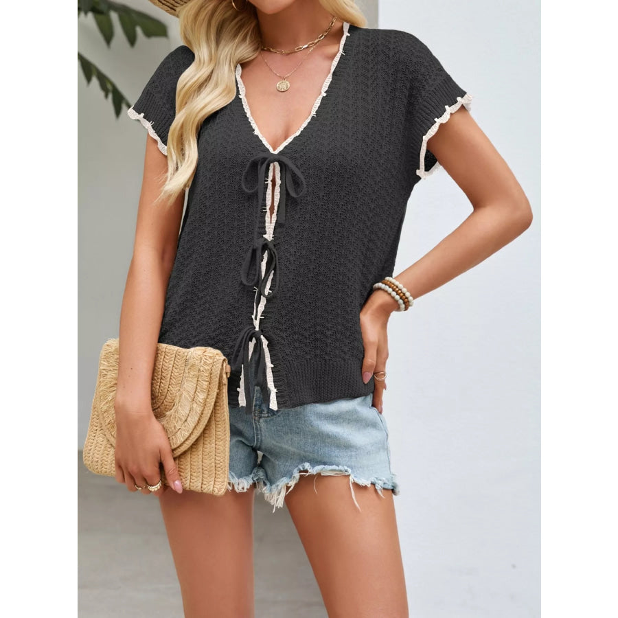 Tie-Front Knit Cardigan Black / S Apparel and Accessories