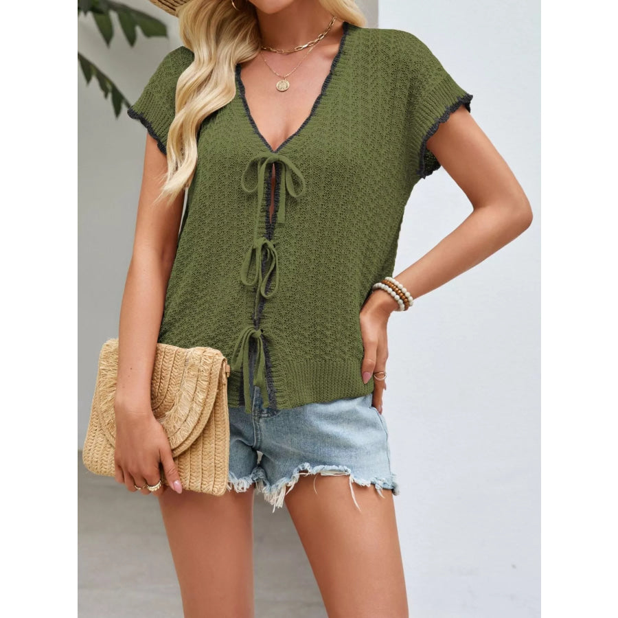 Tie-Front Knit Cardigan Green / S Apparel and Accessories