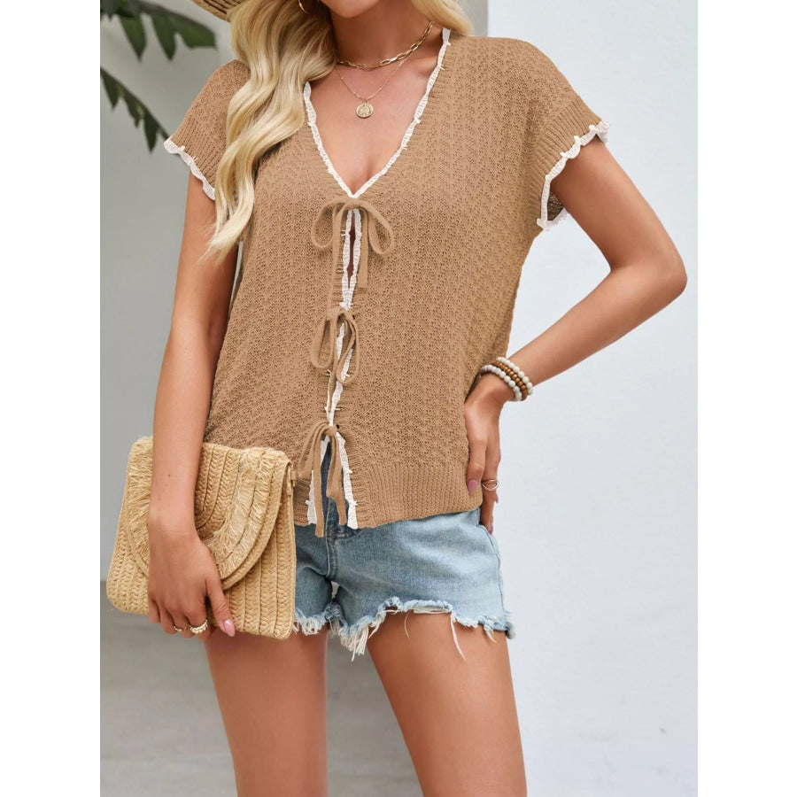 Tie-Front Knit Cardigan Khaki / S Apparel and Accessories