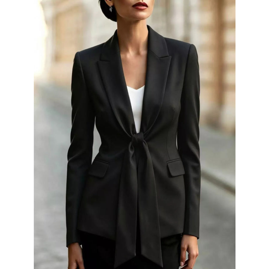 Tie-Front Lapel Collar Long Sleeve Blazer Black / S Apparel and Accessories