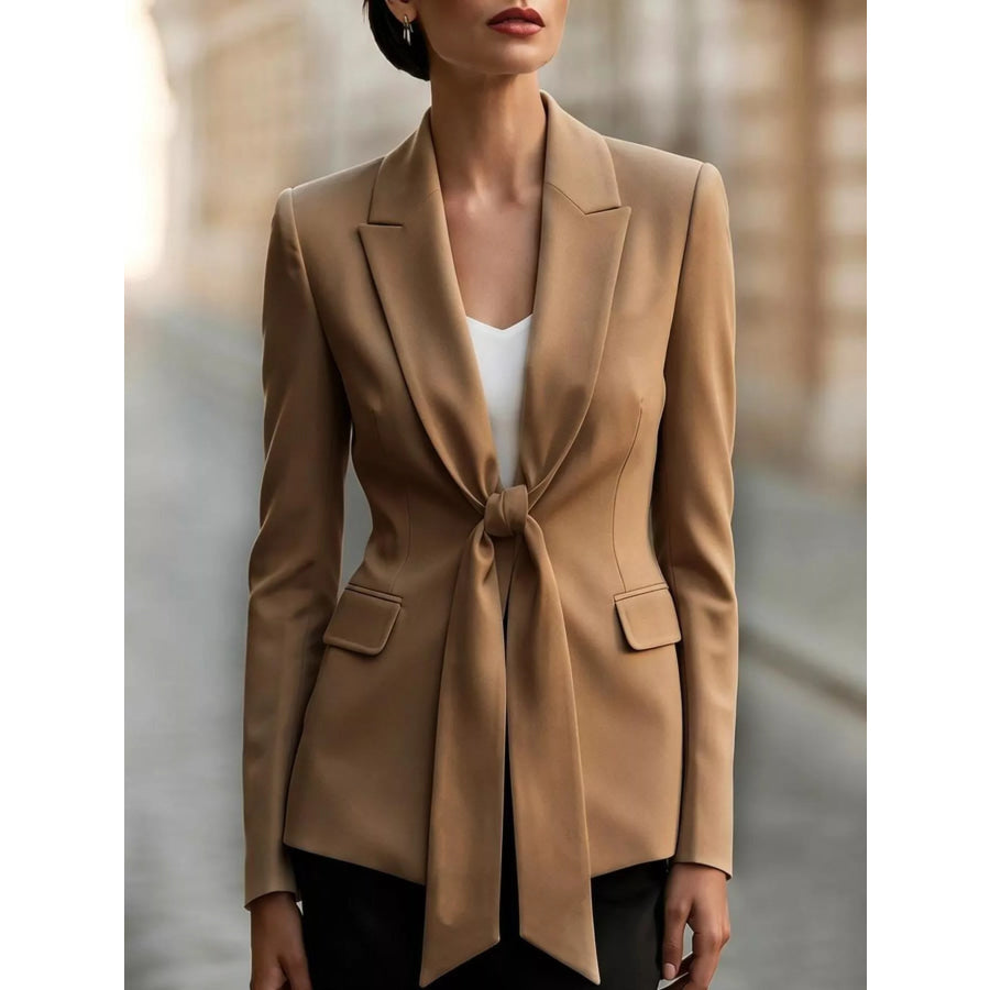 Tie-Front Lapel Collar Long Sleeve Blazer Caramel / S Apparel and Accessories