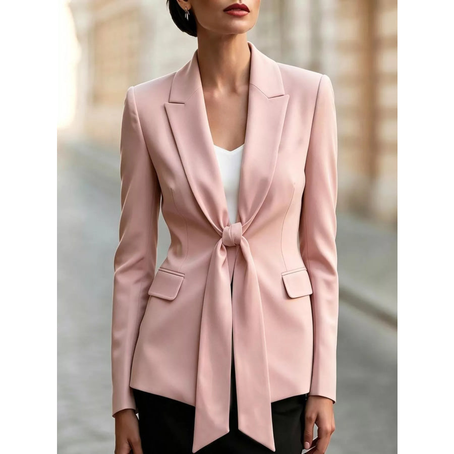 Tie-Front Lapel Collar Long Sleeve Blazer Dusty Pink / S Apparel and Accessories